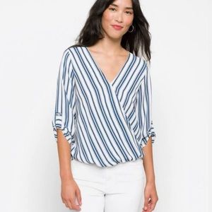 EUC - High-low navy and white stripped blouse